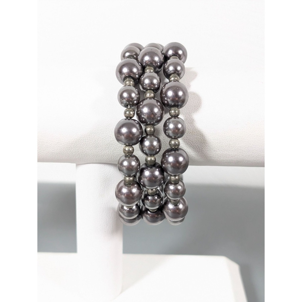 Gray Glass Faux Pearl Flex Coil Wrap Bracelet 7" Elegant‎ Goth